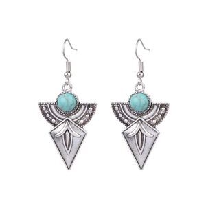Tribal Silver Tone Dangle Earrings with Faux Turquoise Stones Bohemian Style